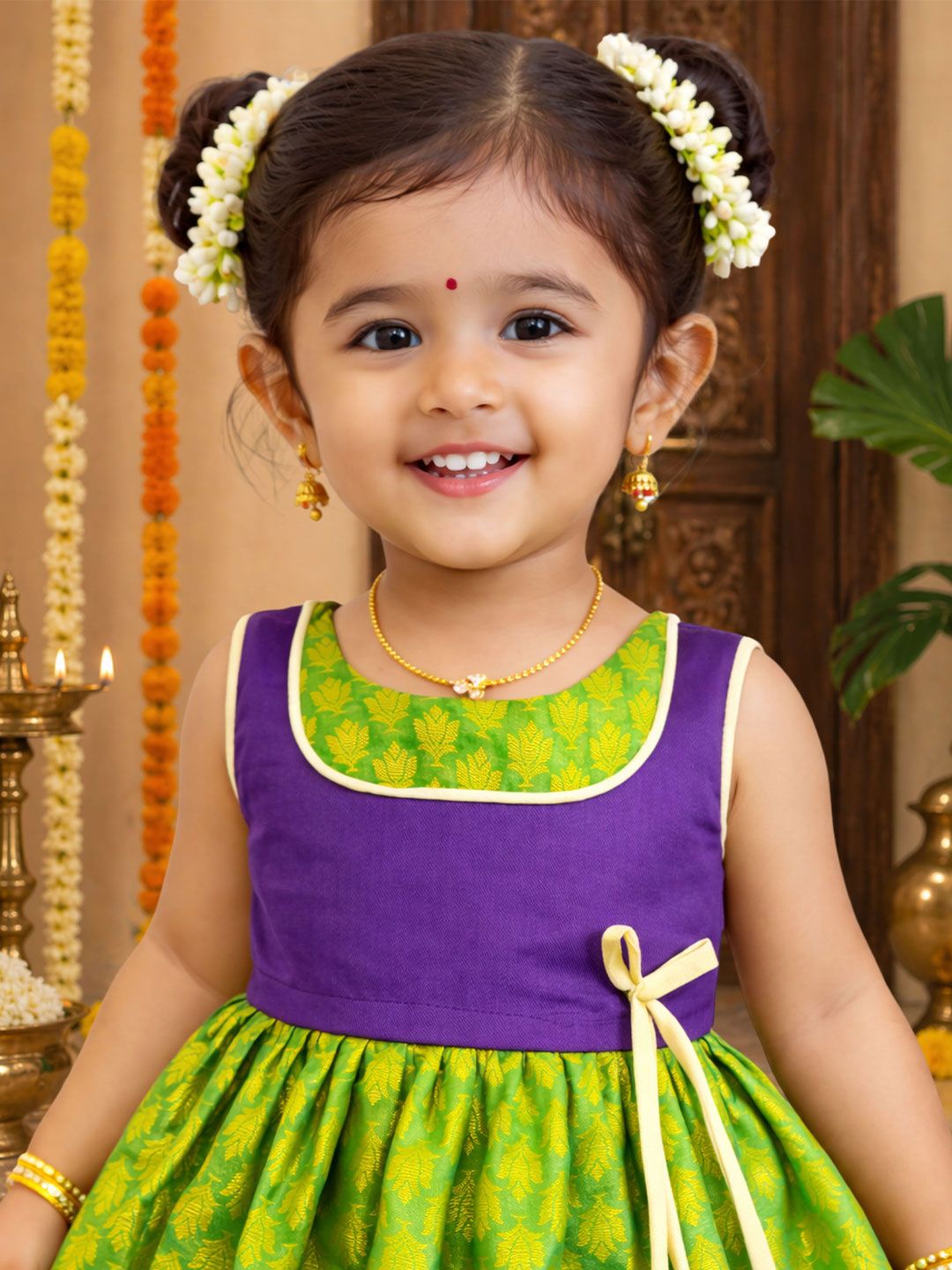 Girls Ethnic Motifs Fit & Flare Pattu Frock 2