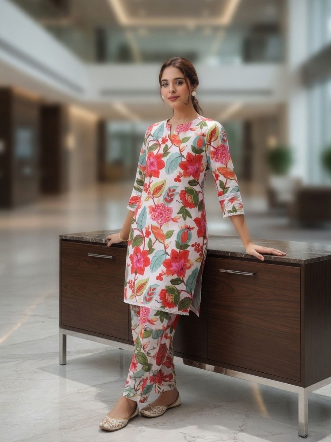 Rain & Rainbow Printed Notch Neck Pure Cotton Tunic With Trouser Co-Ord Set