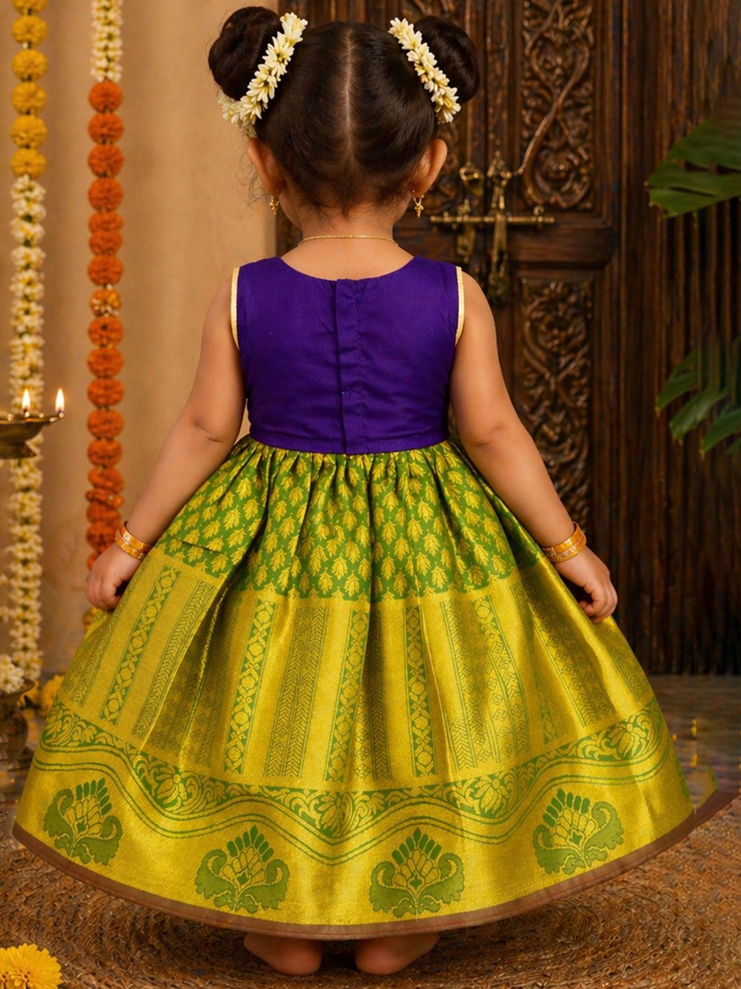 Girls Ethnic Motifs Fit & Flare Pattu Frock 3