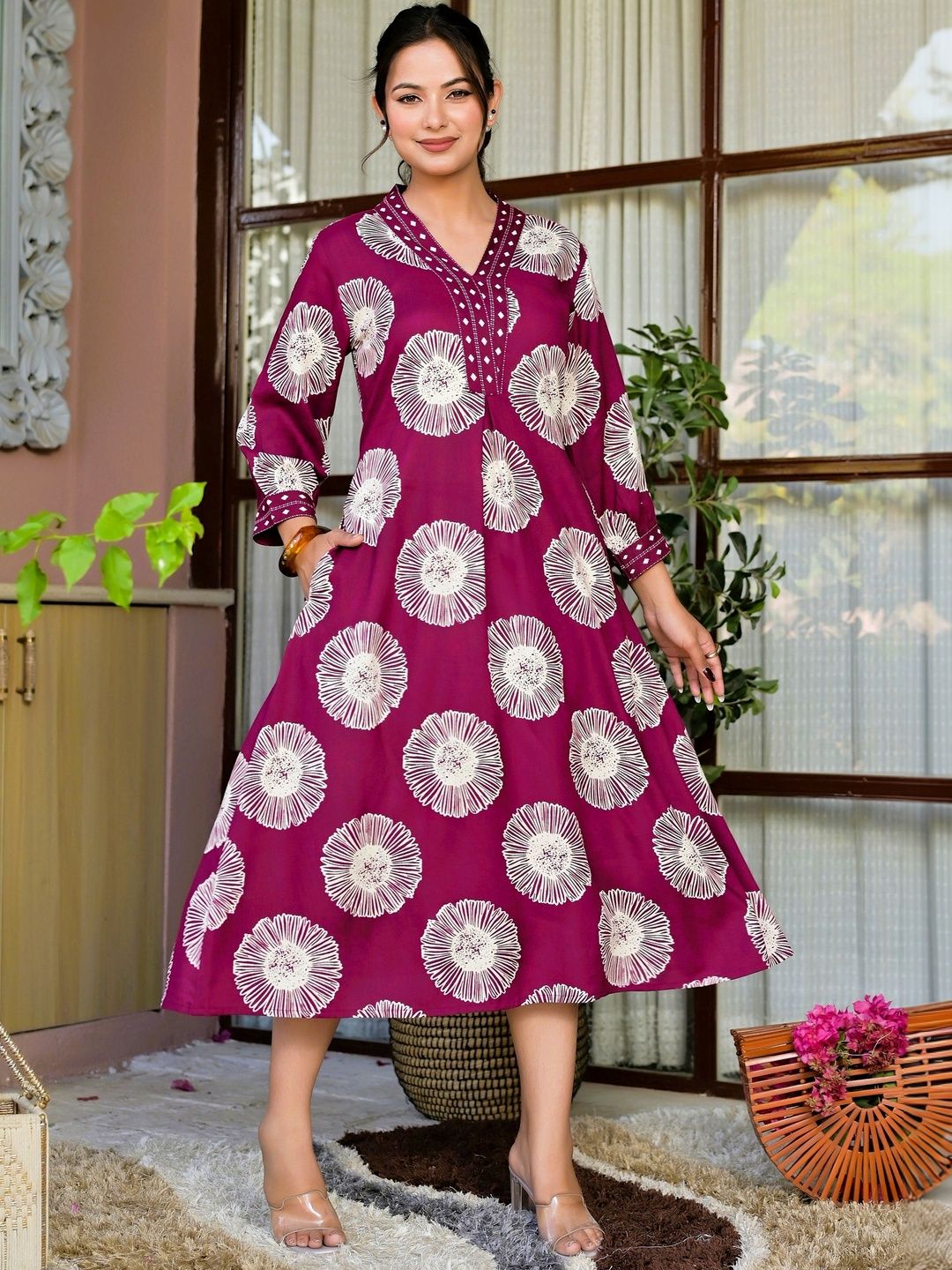 Chaukas Floral Print A-Line Three-Quarter Dress