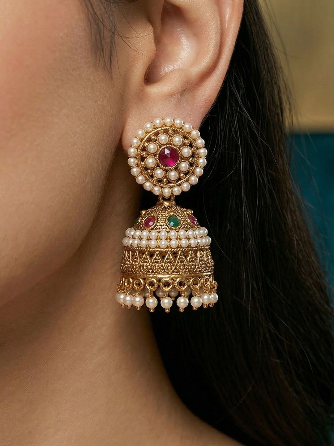 MEIRA JEWELLERY Silver-Plated Artificial Stones Studded Dome Shaped Jhumkas