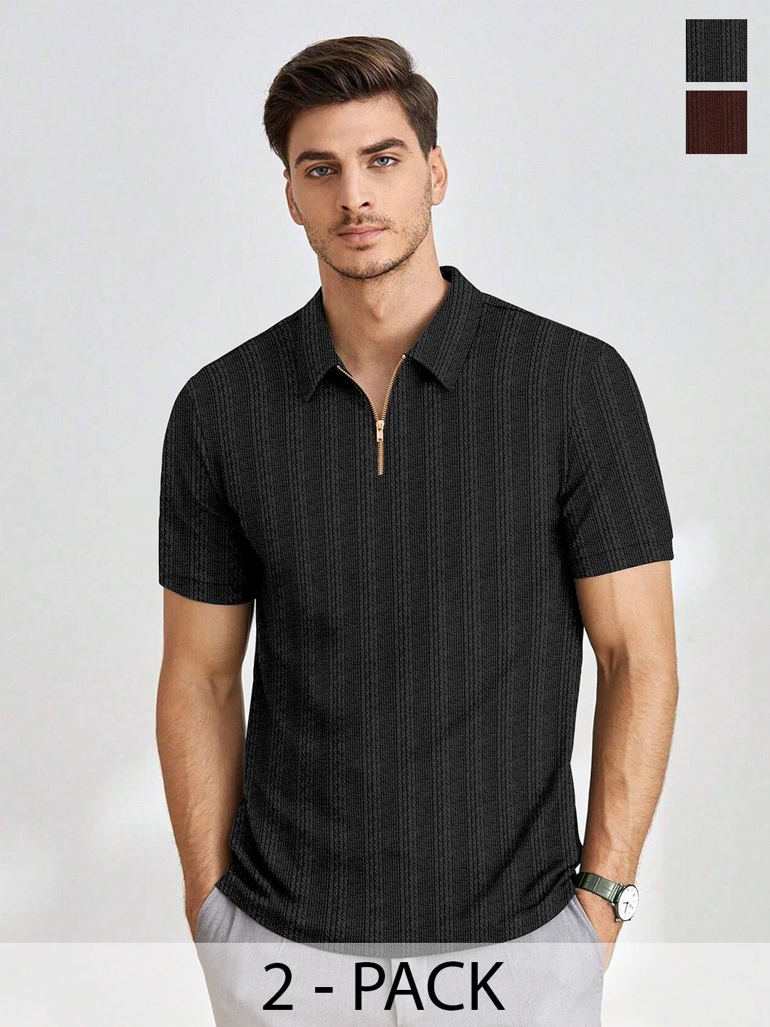 CHROVEL Men Textured Polo Collar Zip Closure Tshirts