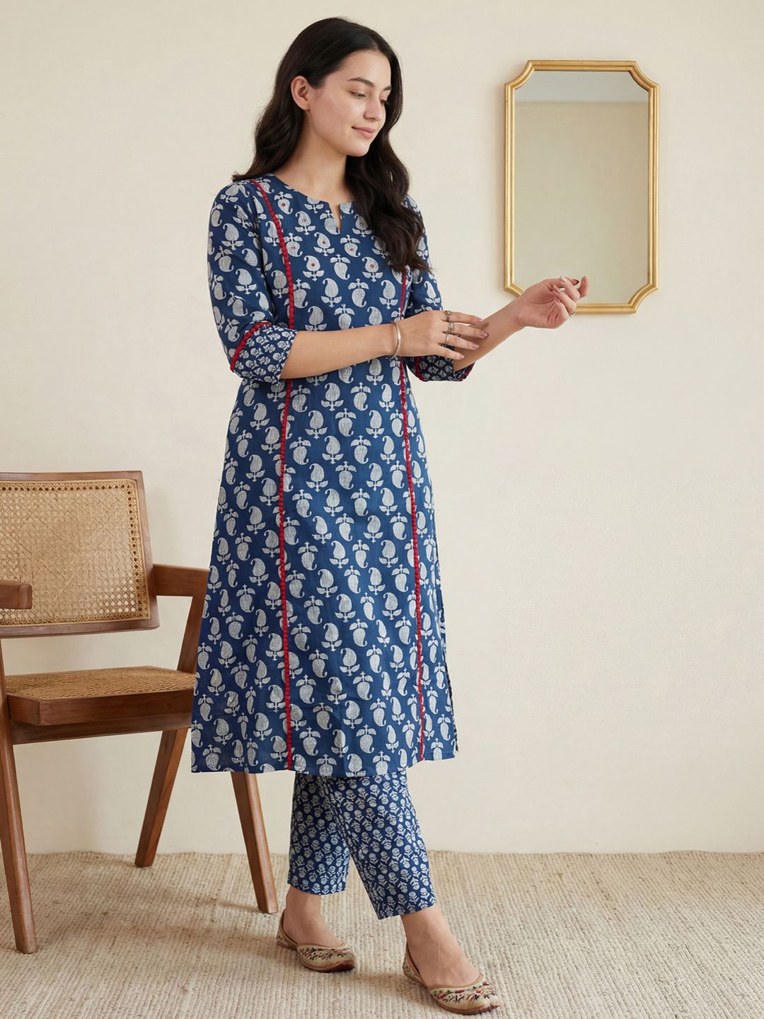 Indo Era Women Paisley Printed Panelled Mirror Work Pure Cotton Kurta with Trousers