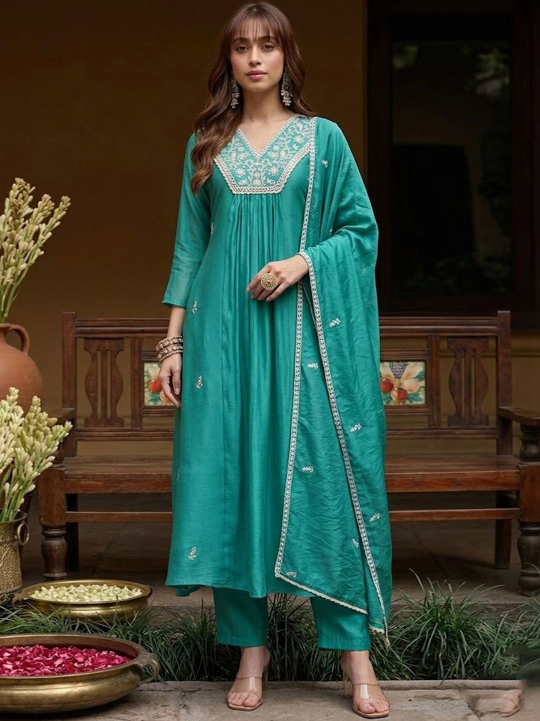 CHHAAP Women Floral Embroidered Pleated Sequinned Kurta with Trousers & Dupatta
