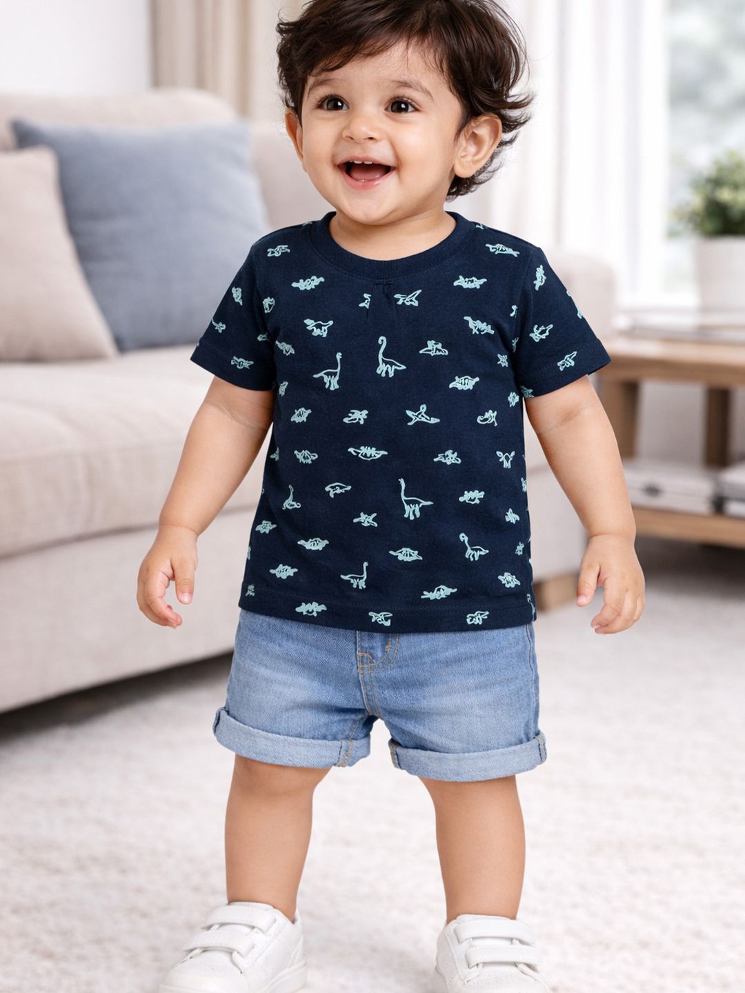 Infant Boys Cotton All Over Print Casual Round Neck Half Sleeve T-Shirt