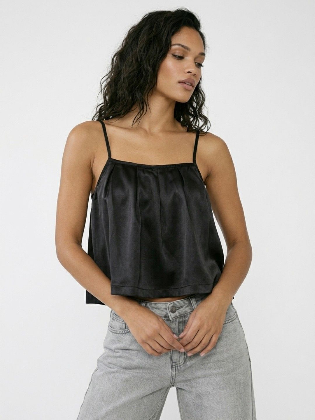 glitchez Shoulder Straps Pleated Satin Finish A-Line Top