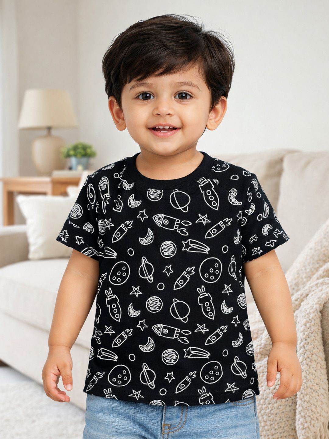 Infant Boys Cotton All Over Print Casual Round Neck Half Sleeve T-Shirt