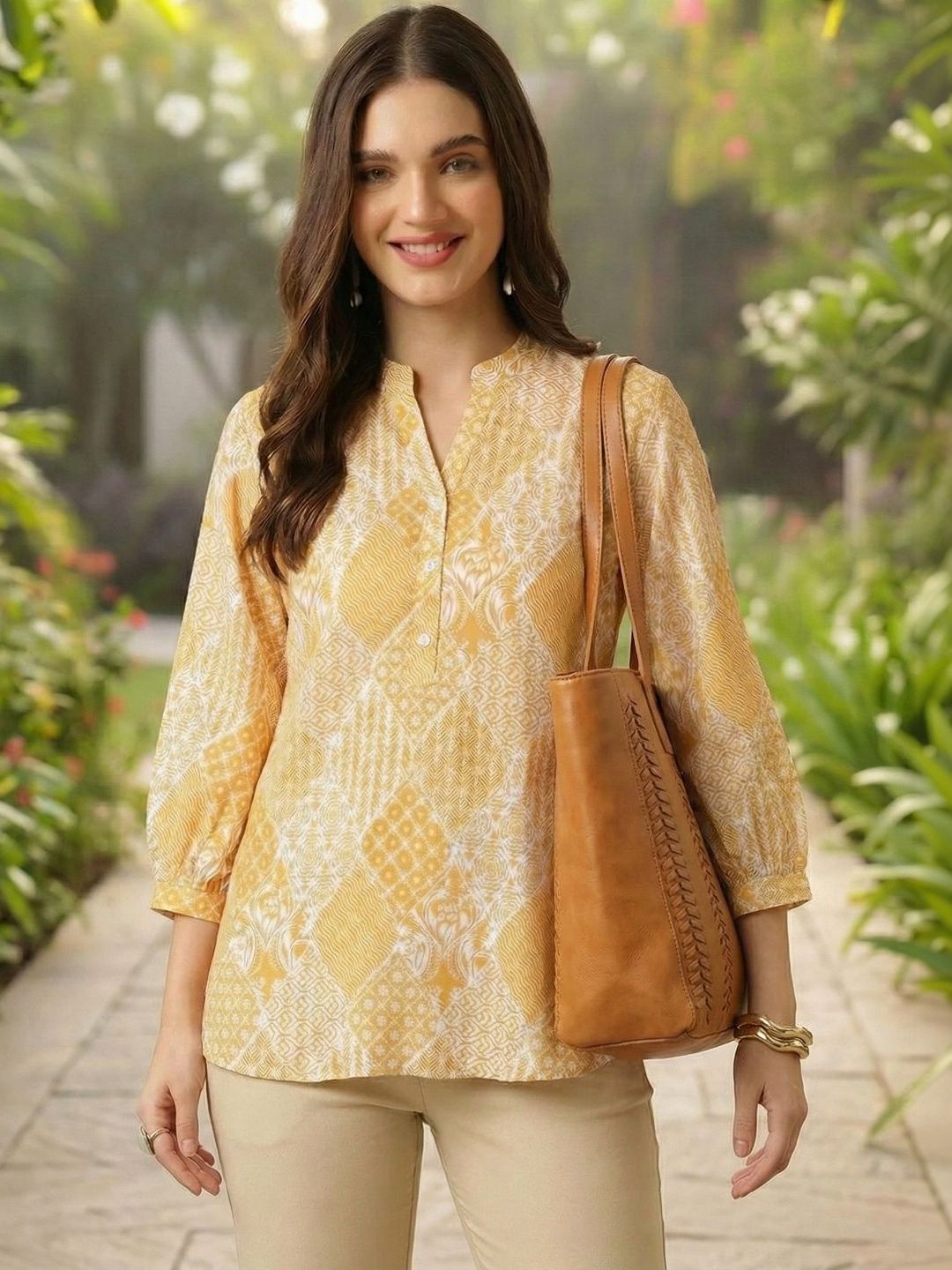 Varanga Floral Print Mandarin Collar Top