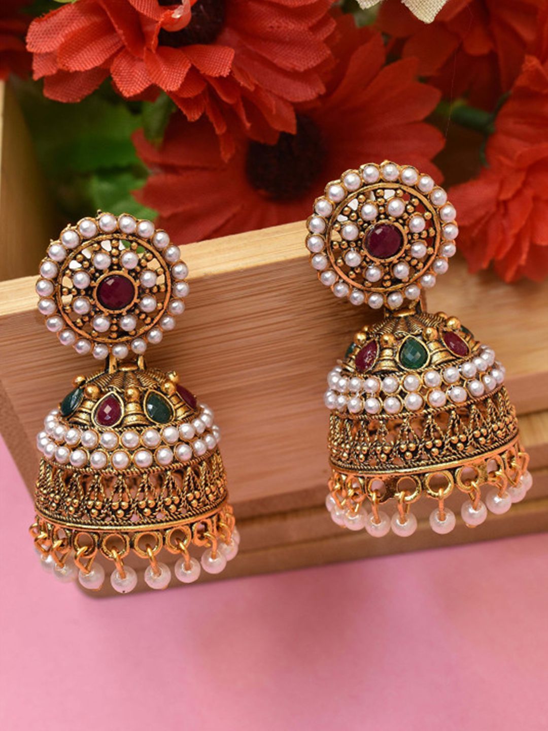 MEIRA JEWELLERY Silver-Plated Artificial Stones Studded Contemporary Jhumkas