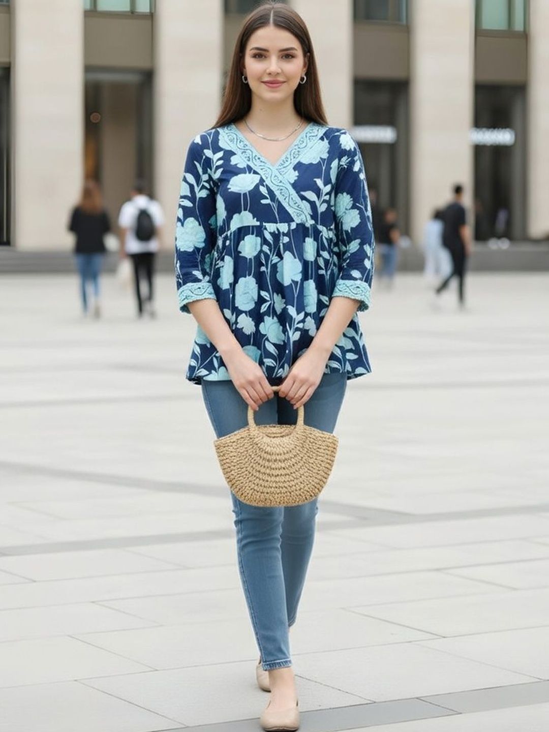 Rajnandini Floral Printed V-Neck Pure Cotton Blend Kurti