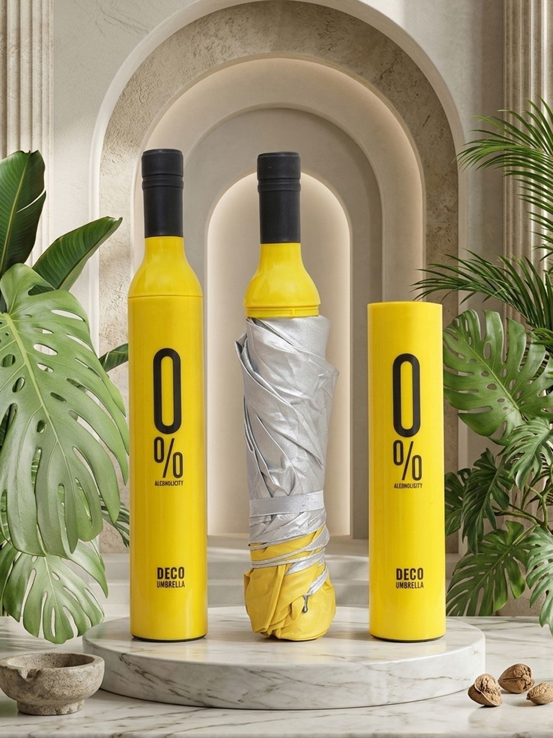 Myntra Elegant Homes Yellow Solid Waterproof 3 Fold Compact Bottle Umbrella