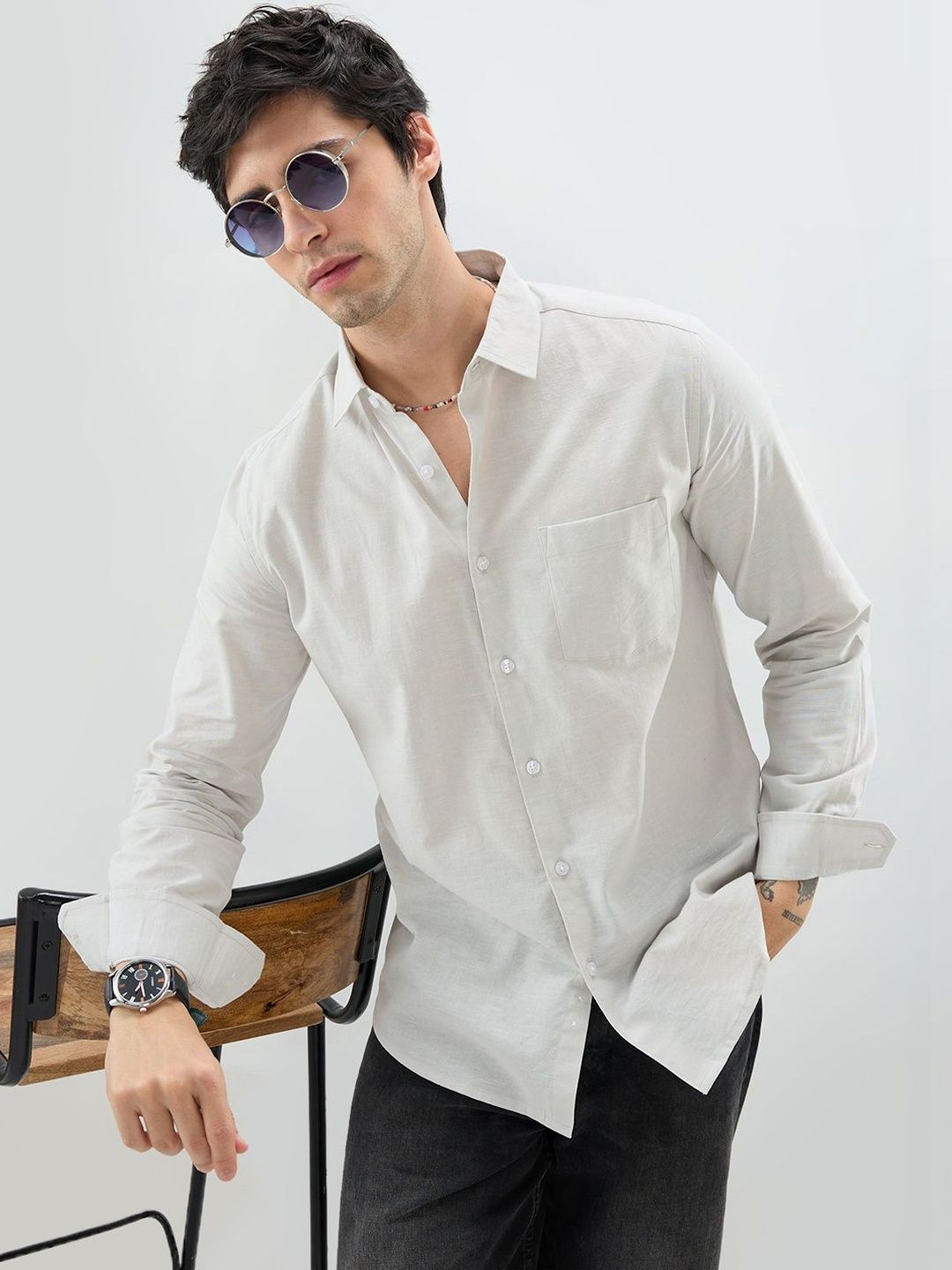 VASTRADO Grey Slub Textured Everyday Shirt