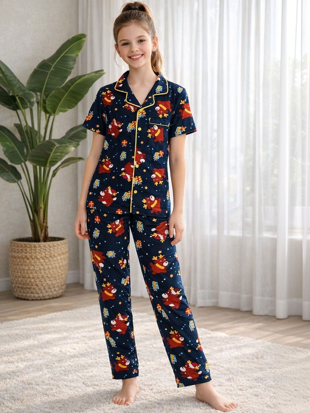 Ninos Dreams Girls Navy Blue Printed Cotton Night suit