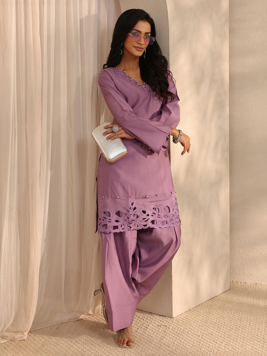 Buy Libas Mauve Embellished Silk Blend Co Ord Sets -  - Apparel for Women