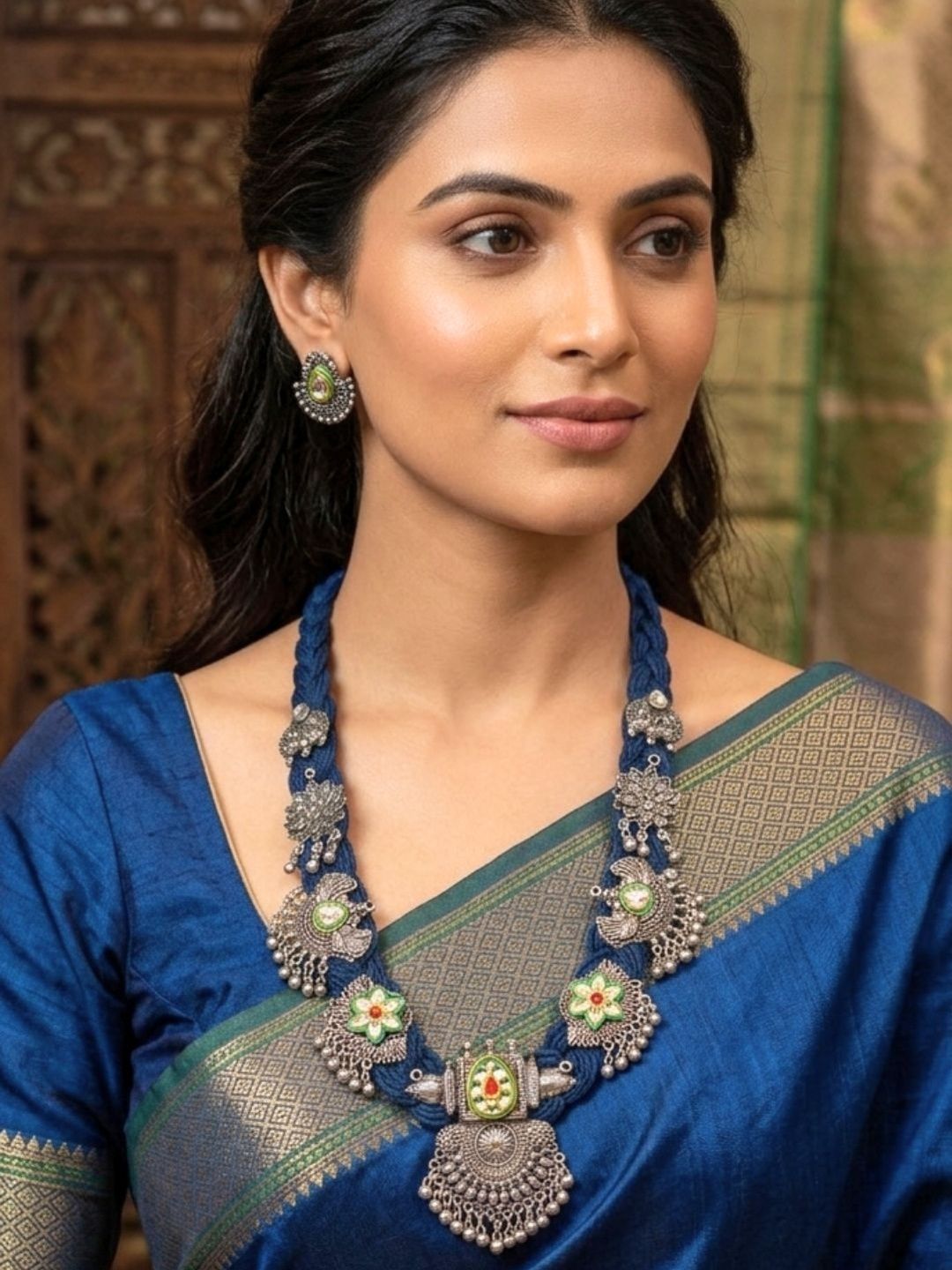 VIVAZS German Silver Floral & Peacock Charm Statement Bohemian Meenakari Jute Necklace