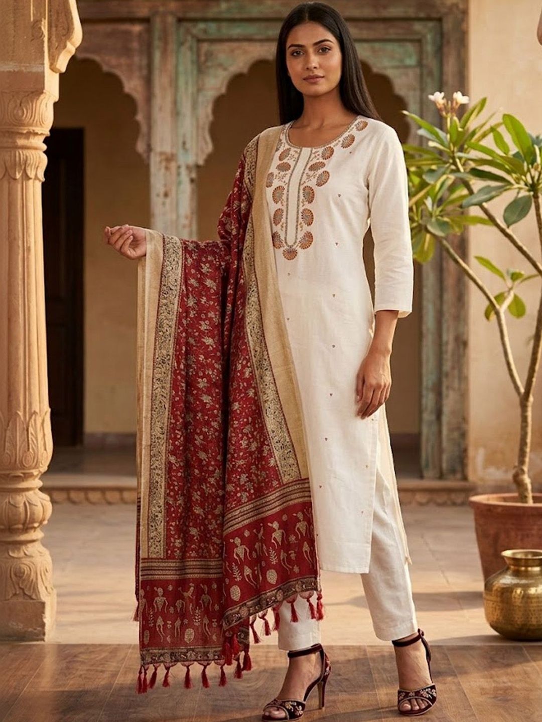 Varanga Women Embroidered Regular Thread Work Kurta with Trousers & With Dupatta