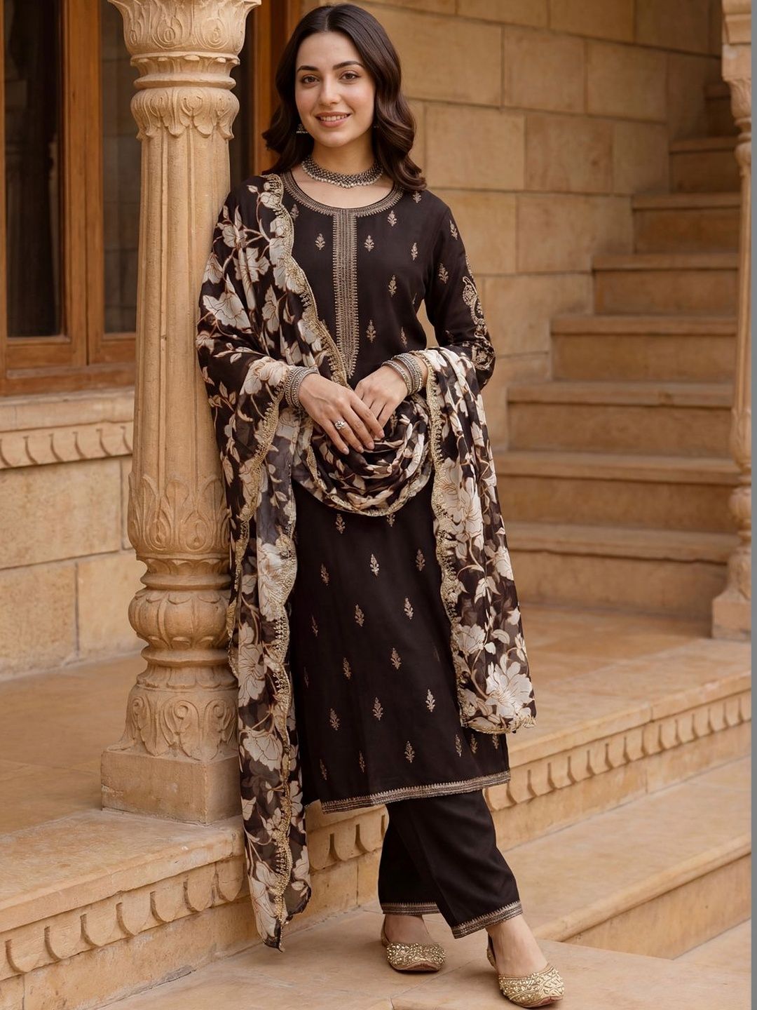Indo Era Women Ethnic Motifs Embroidered Regular Kurta with Palazzos & With Dupatta