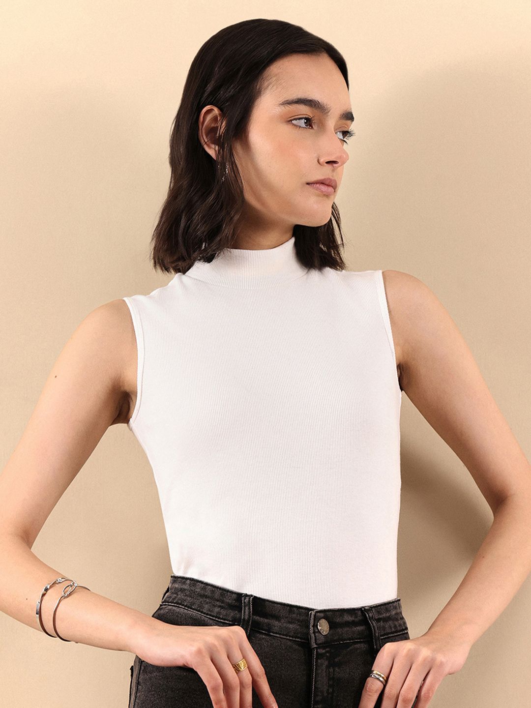 FABLE STREET Women White High Neck Pure Cotton T-shirt