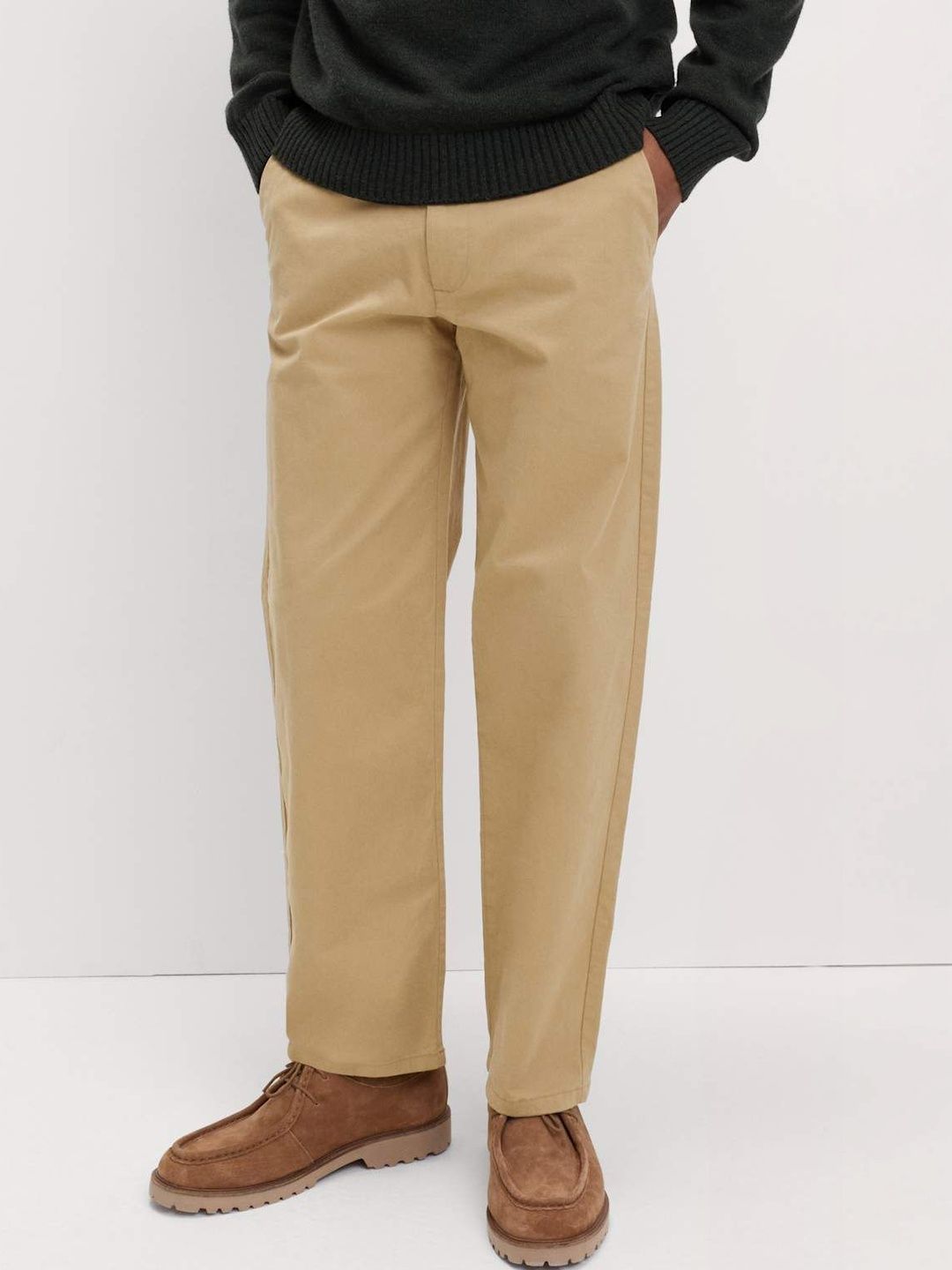 Marks & Spencer Solid Beige Acrylic Men Relaxed Fit Trousers