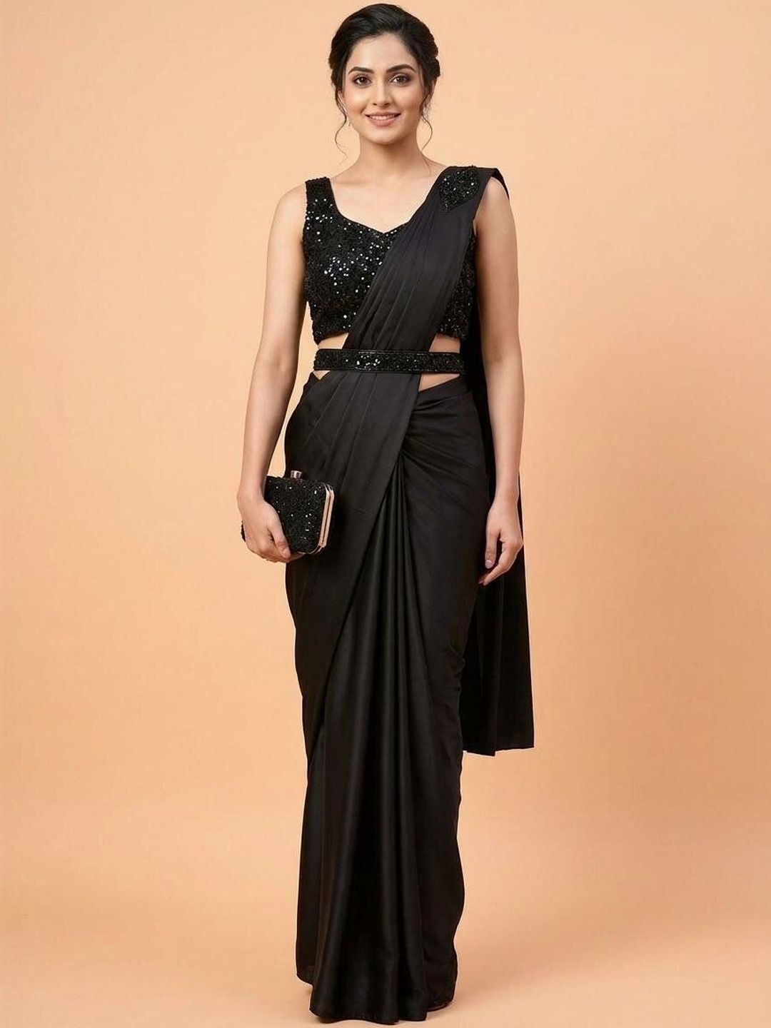 Owlsky Embellished Ready-to-Wear Pre-Draped Saree Stitched & Blouse With Belt & Bag