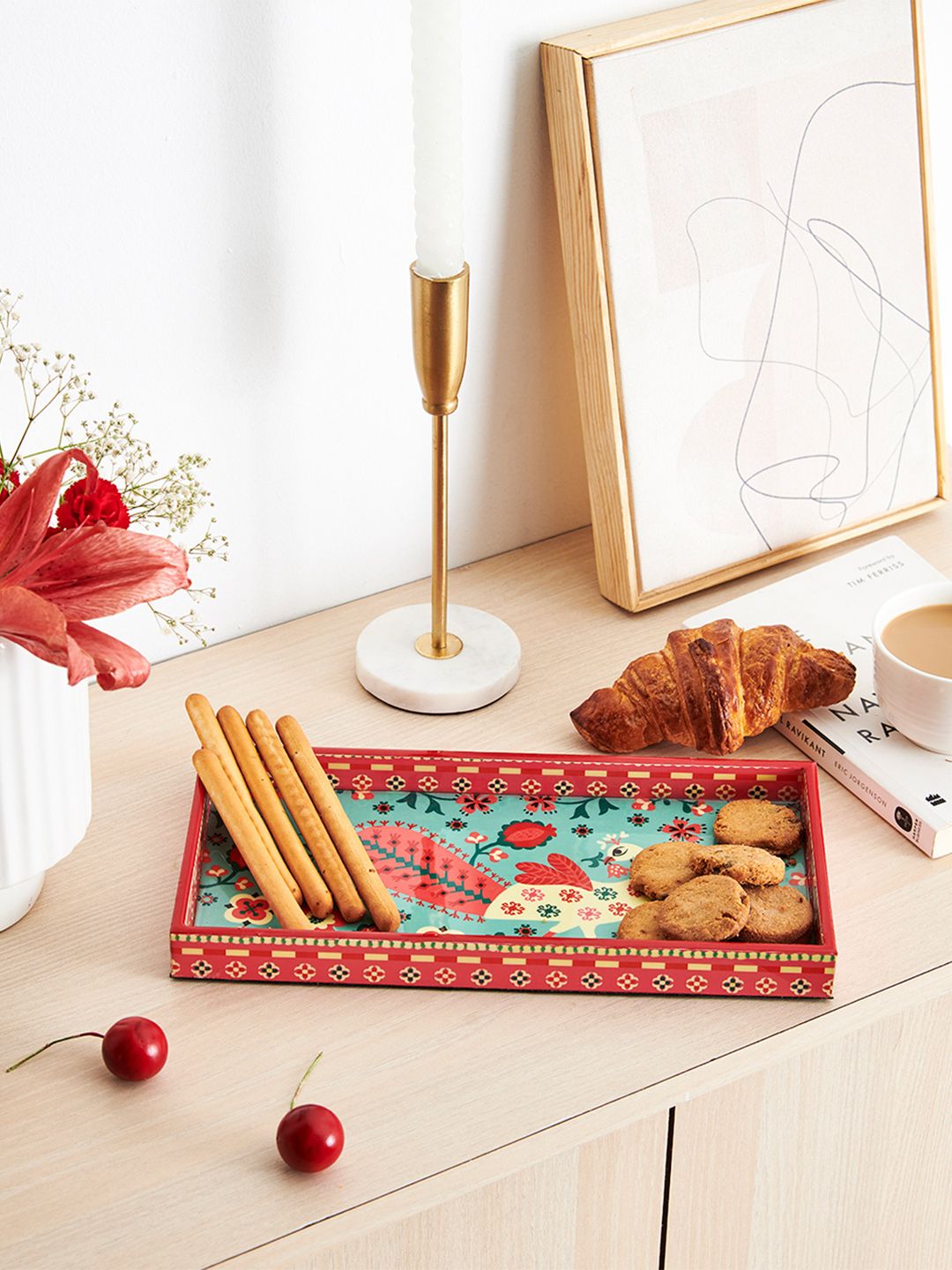 Buy Chumbak Jaipur Gardens Kasuti Motif Printed Wooden Tray -  - Home for Unisex
