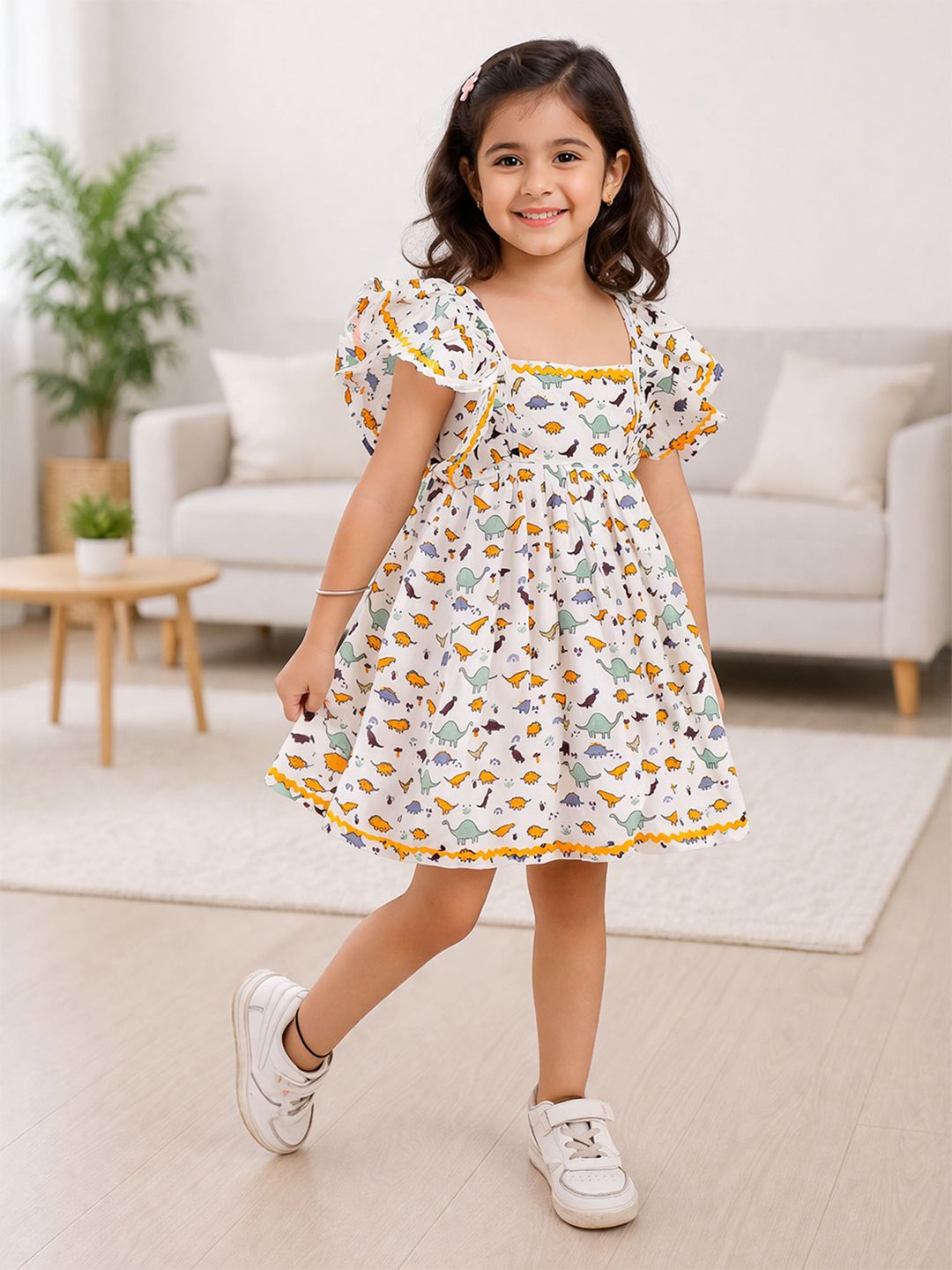 LITTLE GINNIE Girls Floral Printed Square Neck Flutter Sleeve Chiffon Fit and Flare Dress