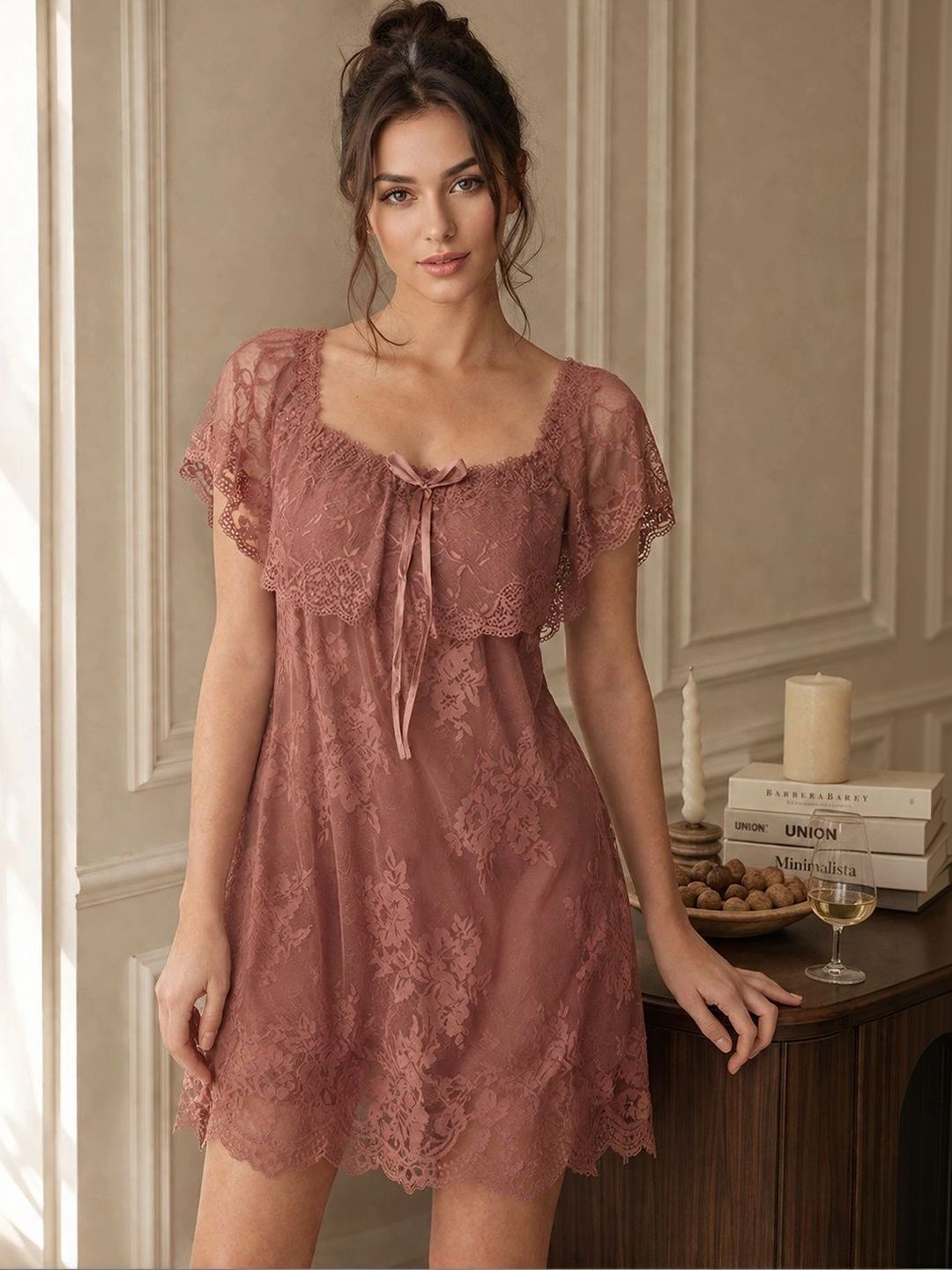 FashionRack Brown Self Design Net Baby Doll