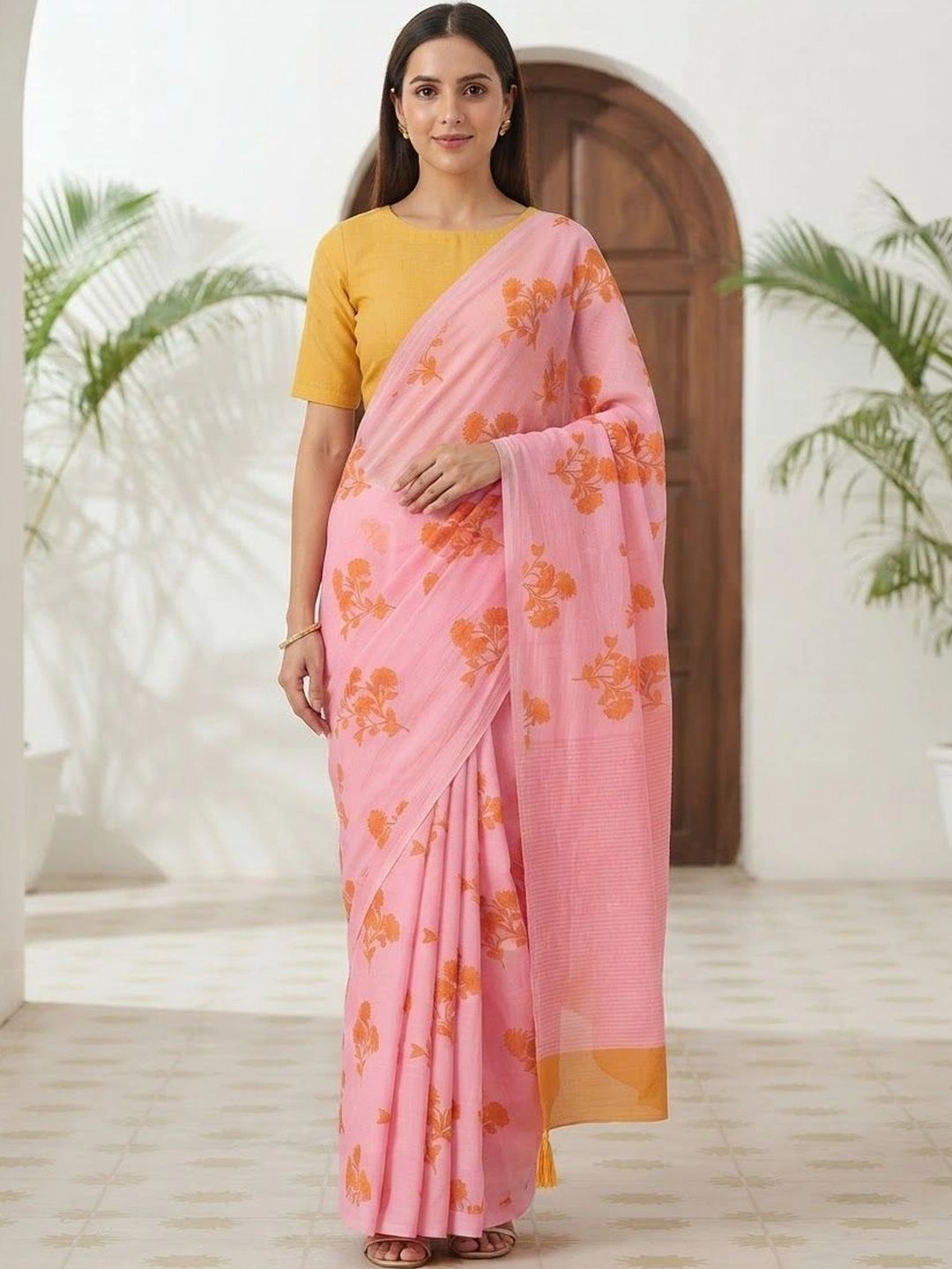 MEHARIKA Floral Pure Linen Khadi Saree