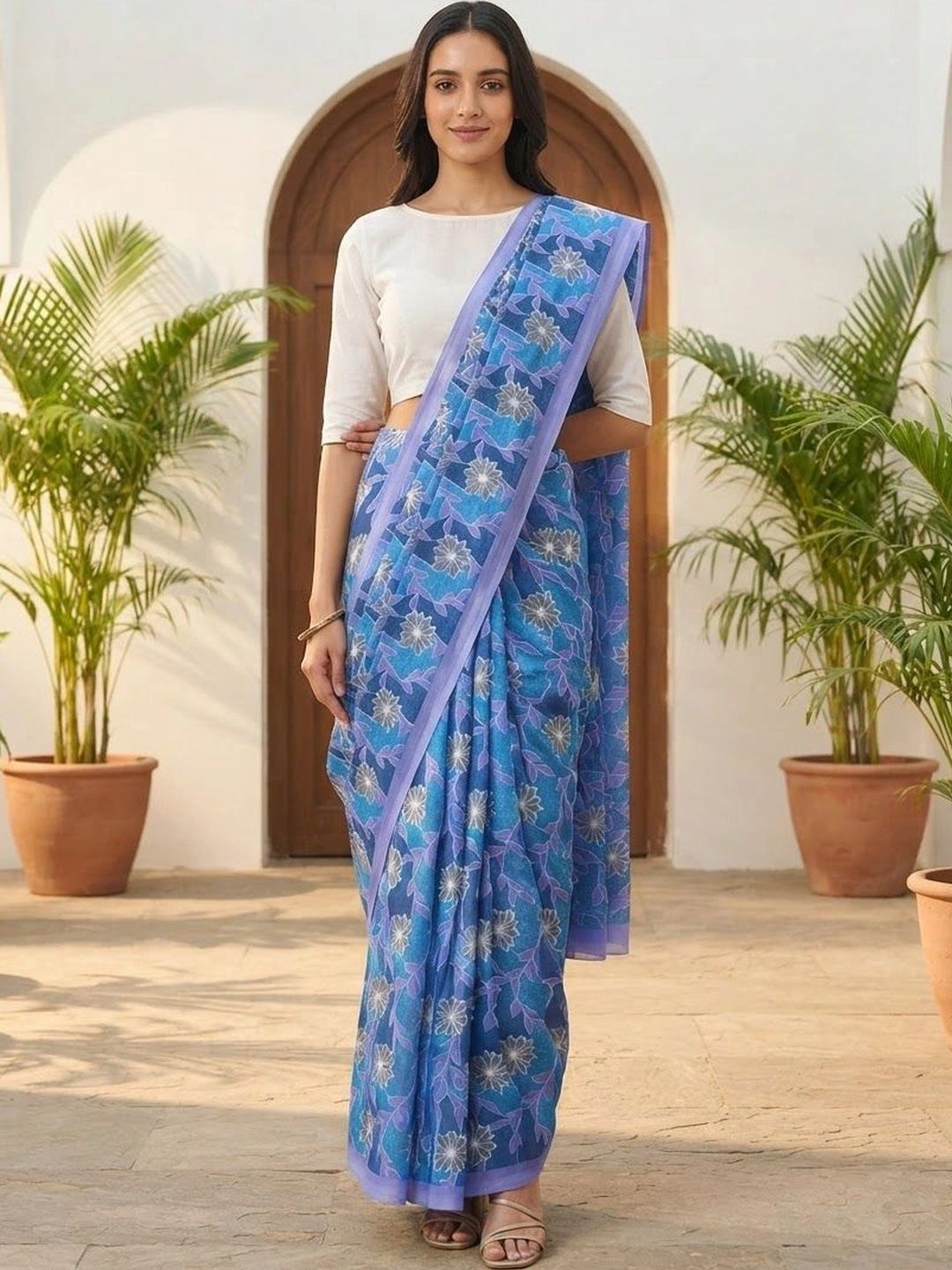 MEHARIKA Floral Pure Linen Khadi Saree