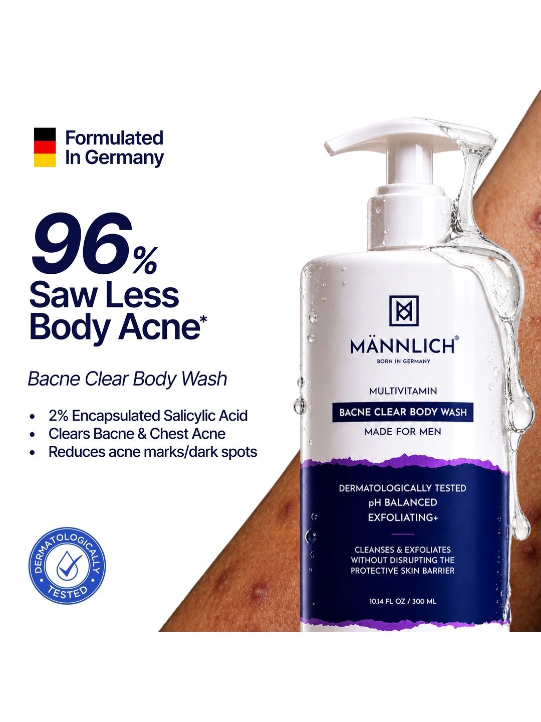 Mannlich Multivitamin Bacne Clear BodyWash with 2% Salicylic acid & 3% Niacinamide - 300ml