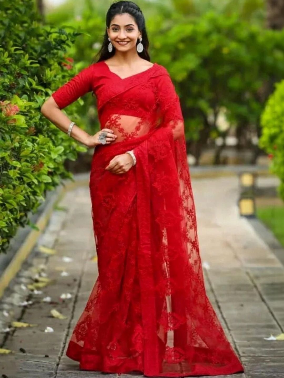 Floral Embroidered Net Saree