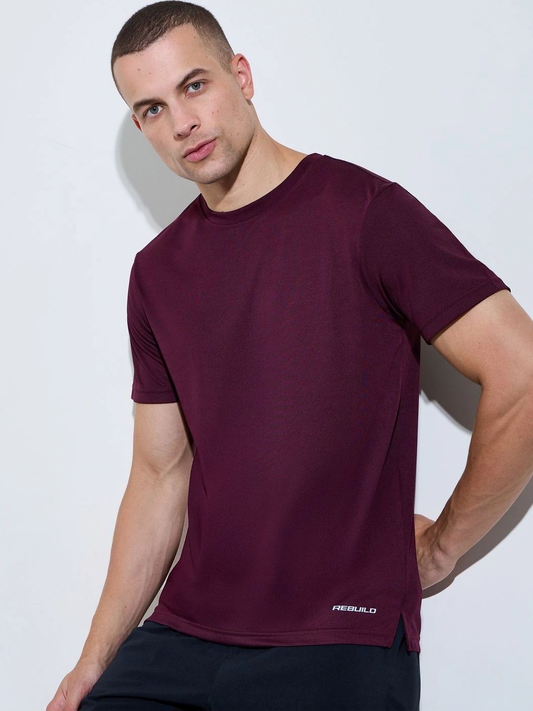 Styli Men Maroon Solid Crew-Neck Short Sleeves Regular Fit Synthetic T-Shirt