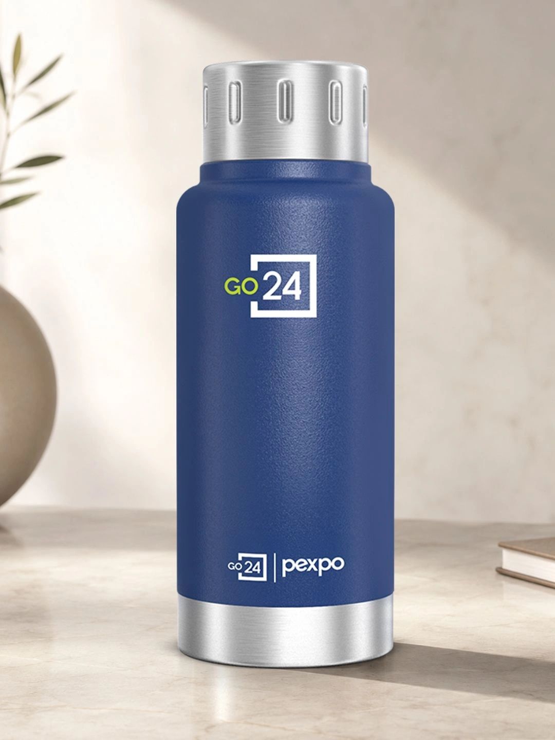 Go24 Cameo Navy Blue Solid Stainless Steel Spill Proof Flask - 300ml