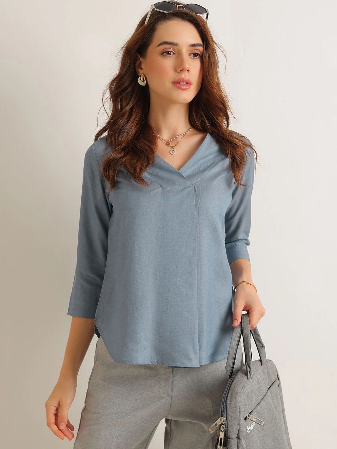 Hancock Women Solid V-Neck Pleated Lyocell Top