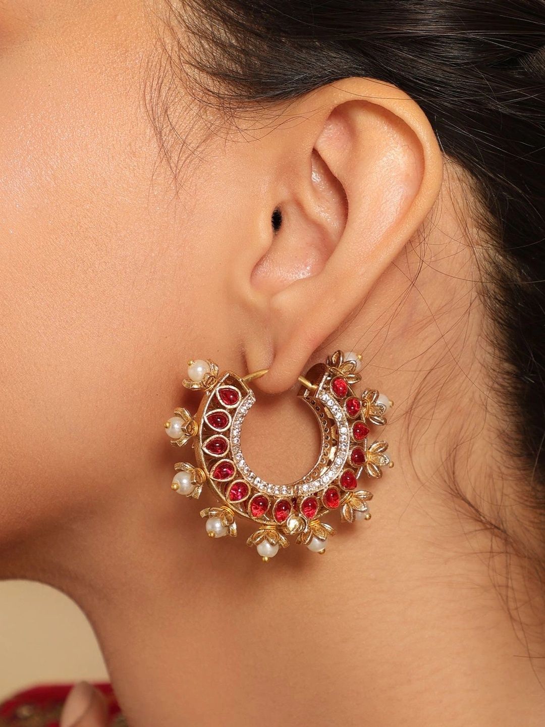 Nuyug  Gold Plated Kundan Studded Circular Shaped Hoop Earrings