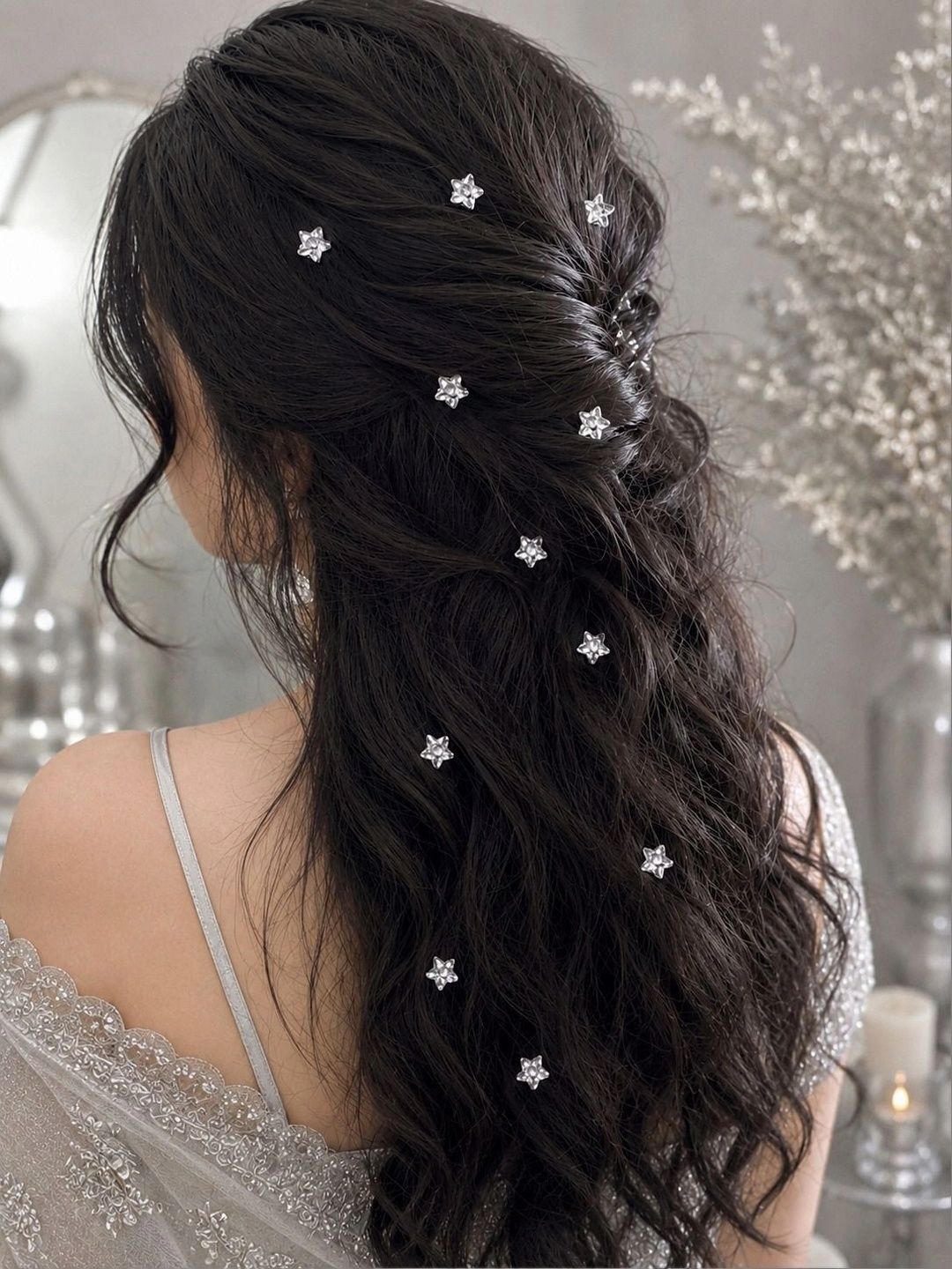 Buy Pearls N Twirls Set Of 15 Silver Toned Crystal Star Hair Sticker Accessory Set -  - Accessories for Women