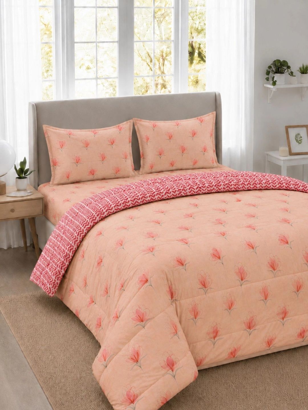 Florida Peach-Coloured & Red Floral Polycotton 4 Piece Double King Superfine Bedding Set