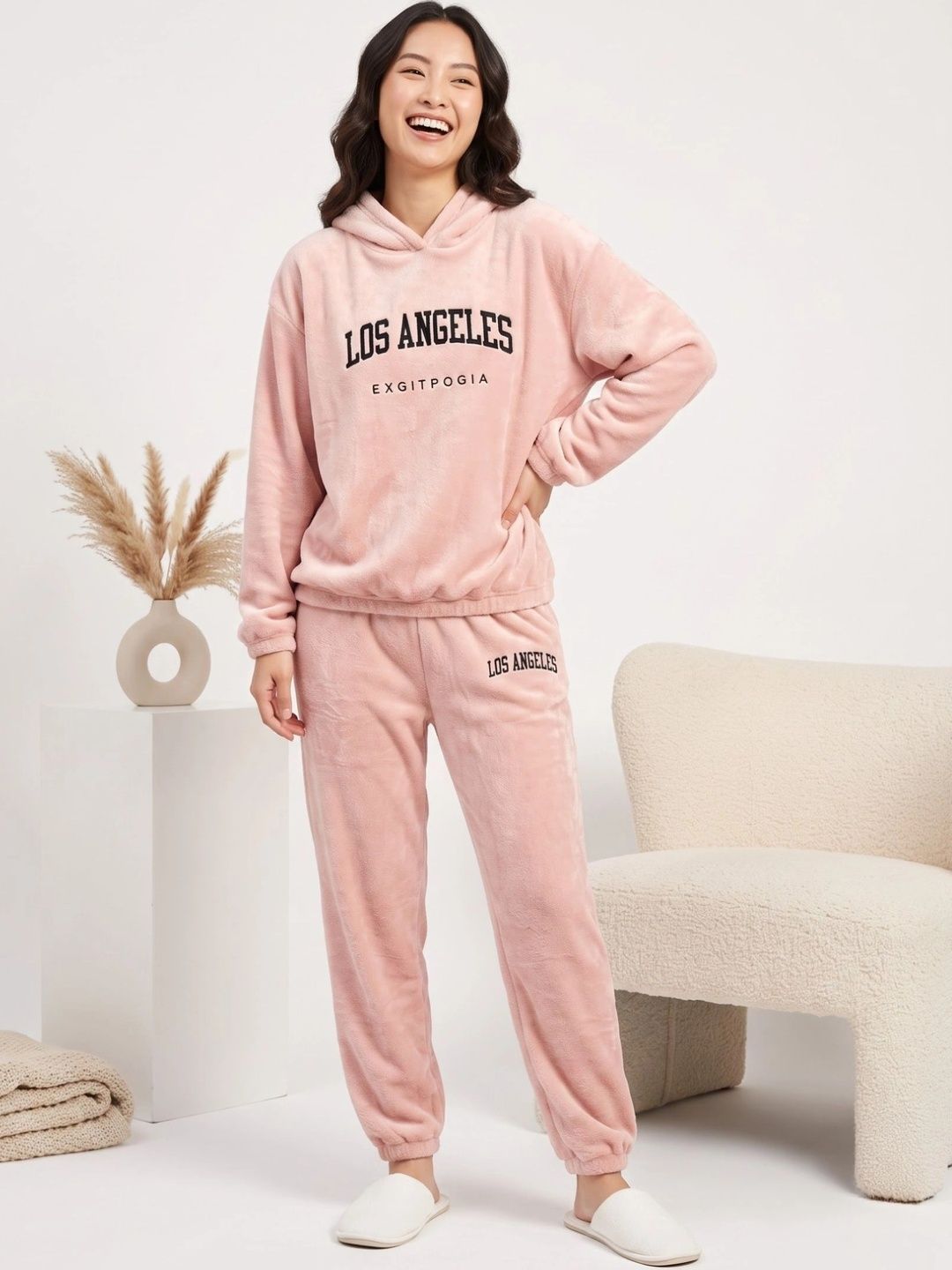 Lugo Women Pink Los Angeles Printed Hooded Top with Pyjama Night Suit Set