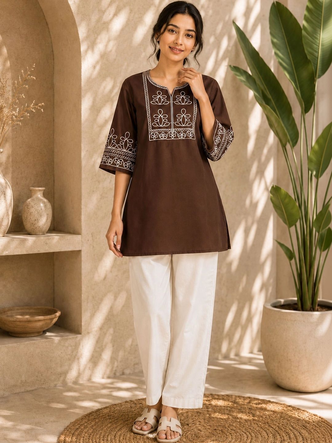 TRAHIMAM Women Ethnic Motifs Embroidered Regular Thread Work Kurti with Trousers