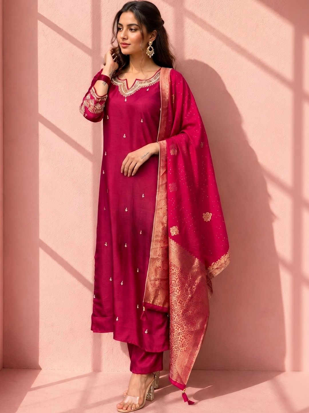 SACi Women Ethnic Motifs Embroidered Regular Thread Work Kurta with Trousers & With Dupatta