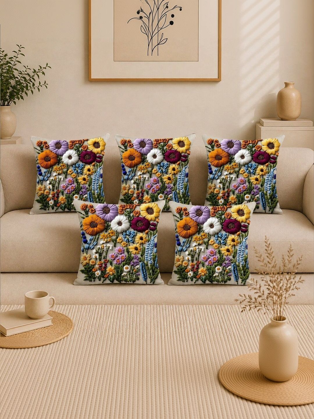 salajya anchla Multicoloured Set of 5 Floral Velvet Square Cushion Covers