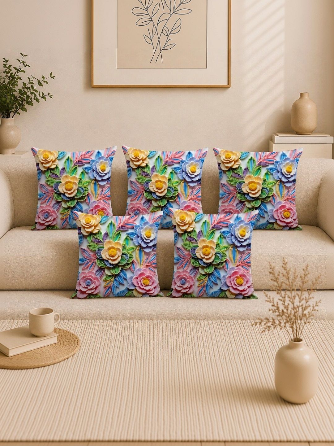 salajya anchla Multicoloured Set of 5 Floral Velvet Square Cushion Covers