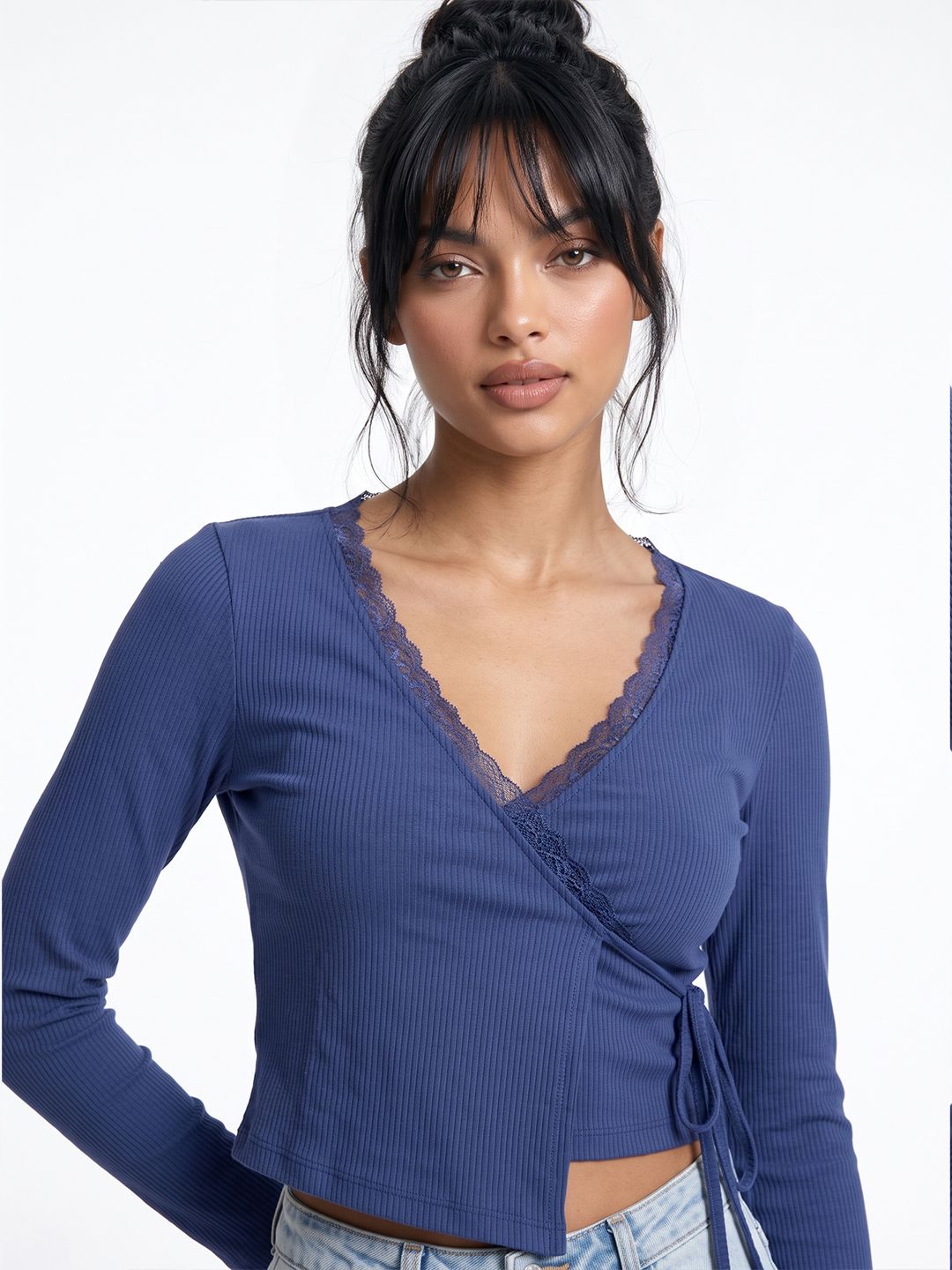 Navy Blue Lace Detail Ribbed Wrap Crop Top