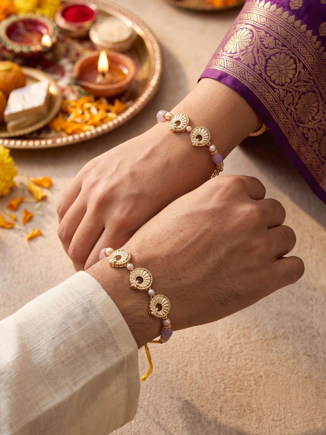 KARATCART Gold-Plated Beads Floral Kundan Bhaiya Bhabhi Rakhi with Roli & Chawal