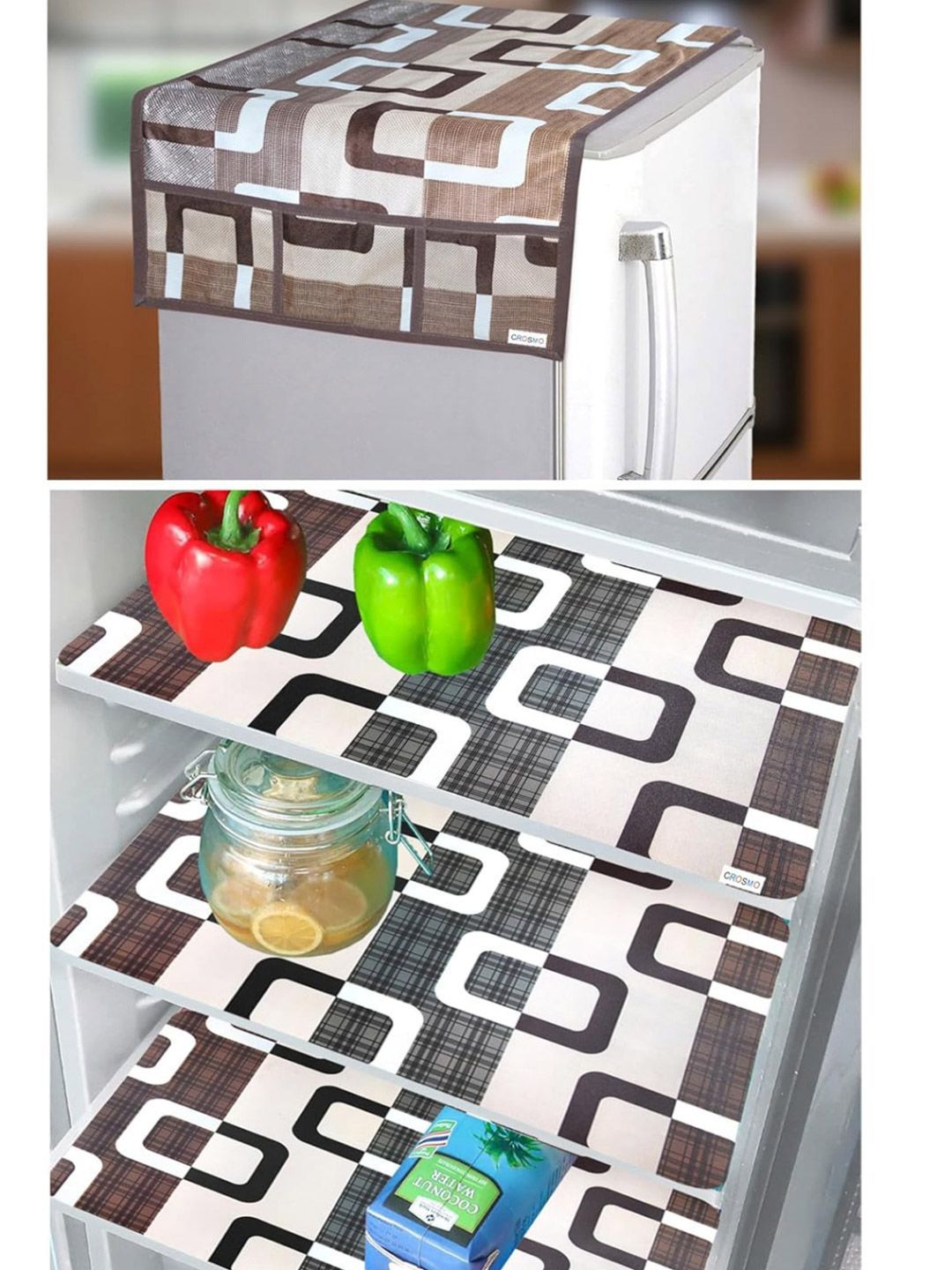 CROSMO Brown & White 4 Pieces Printed Fridge Cover & Fridge Mats