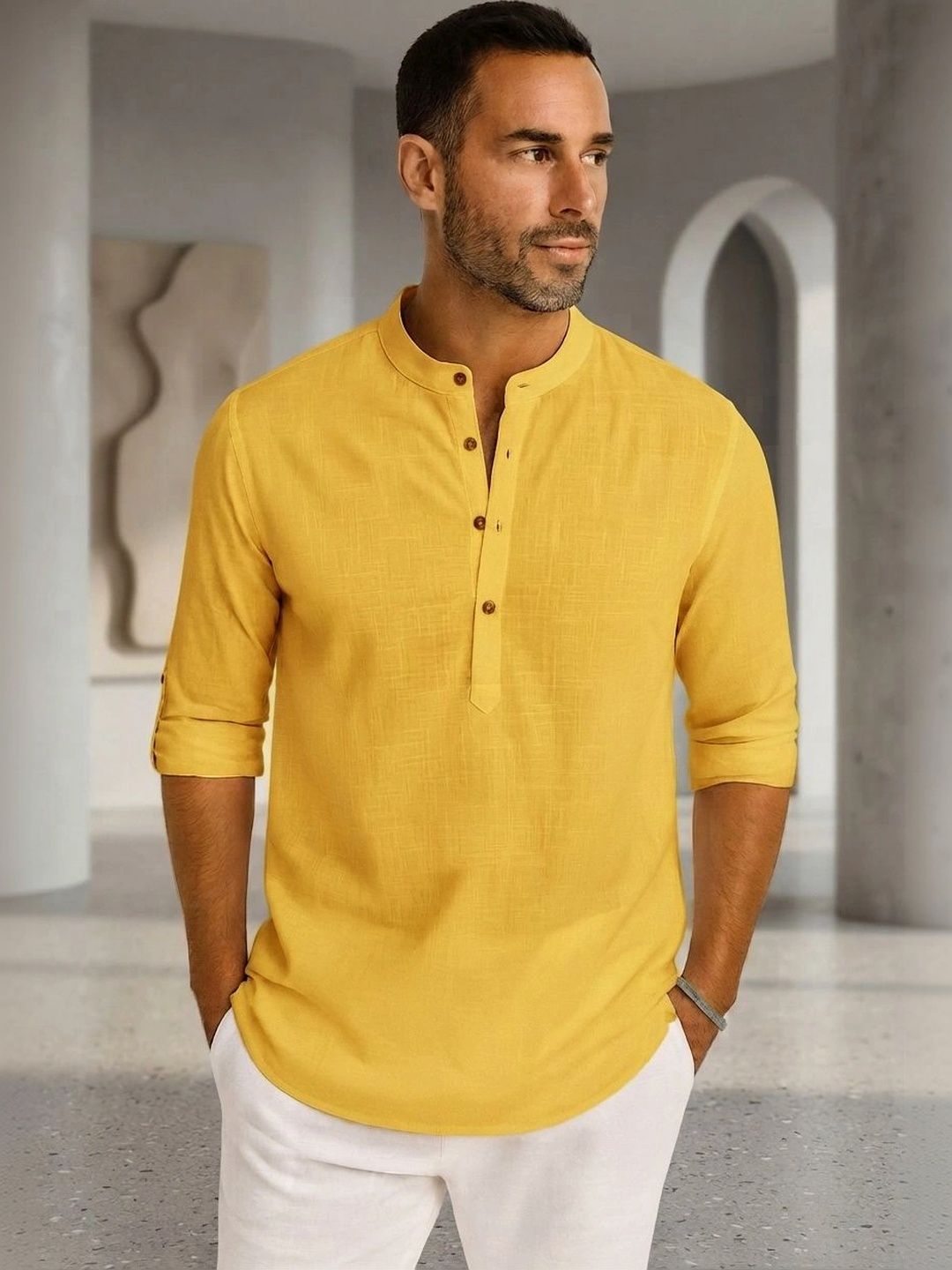 ZBIO Men's Yellow Subtle Woven Mandarin Collar Straight Fit Roll-Up Sleeve Kurta