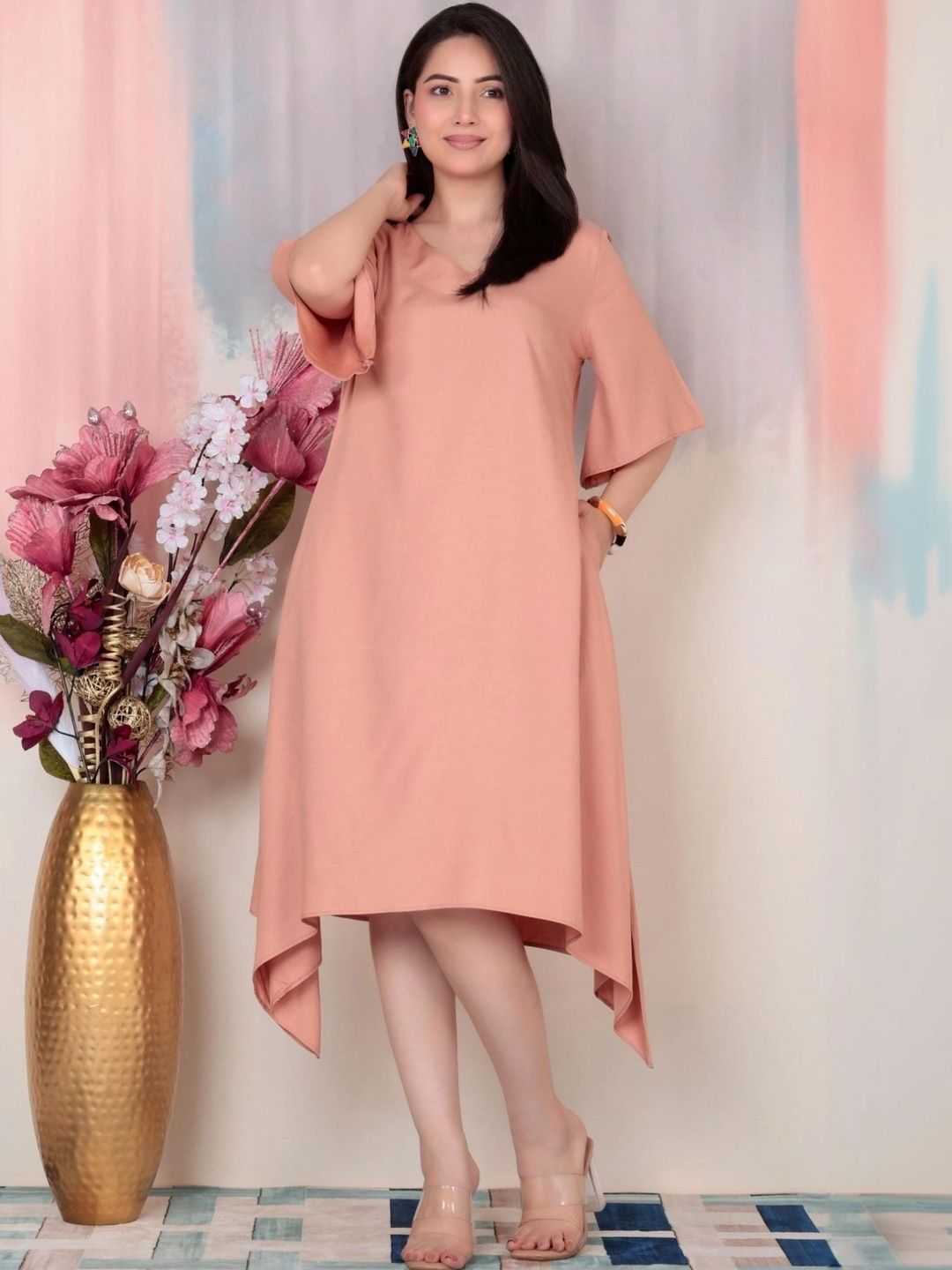 Mlada Women Flare Fit V-Neck 3/4th Sleeves Rayon Midi Dress with Pockets
