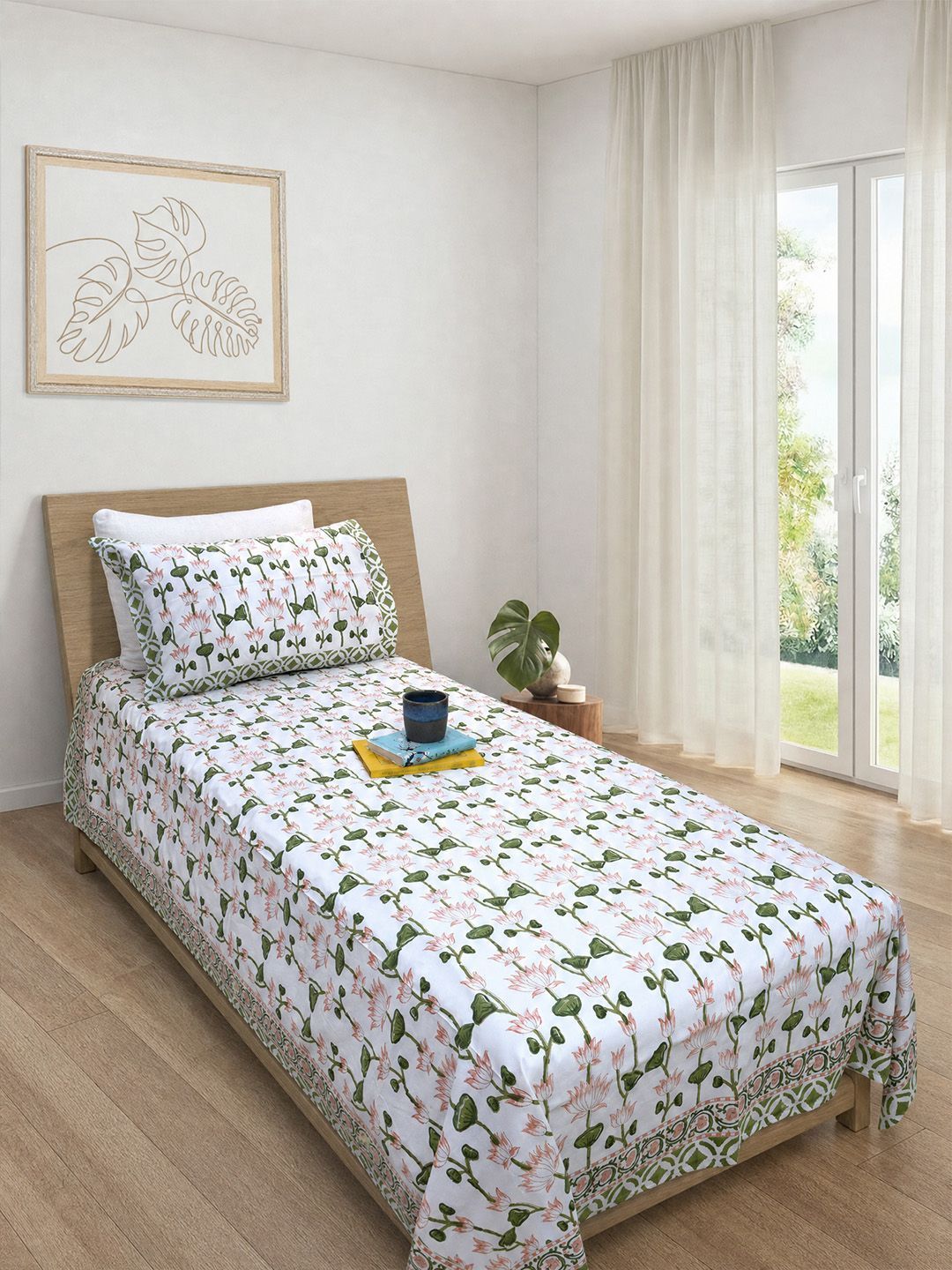 Buy TOAI White & Pink Floral Printed Cotton 300 TC Single Bedsheet With 1 Pillow Cover 60