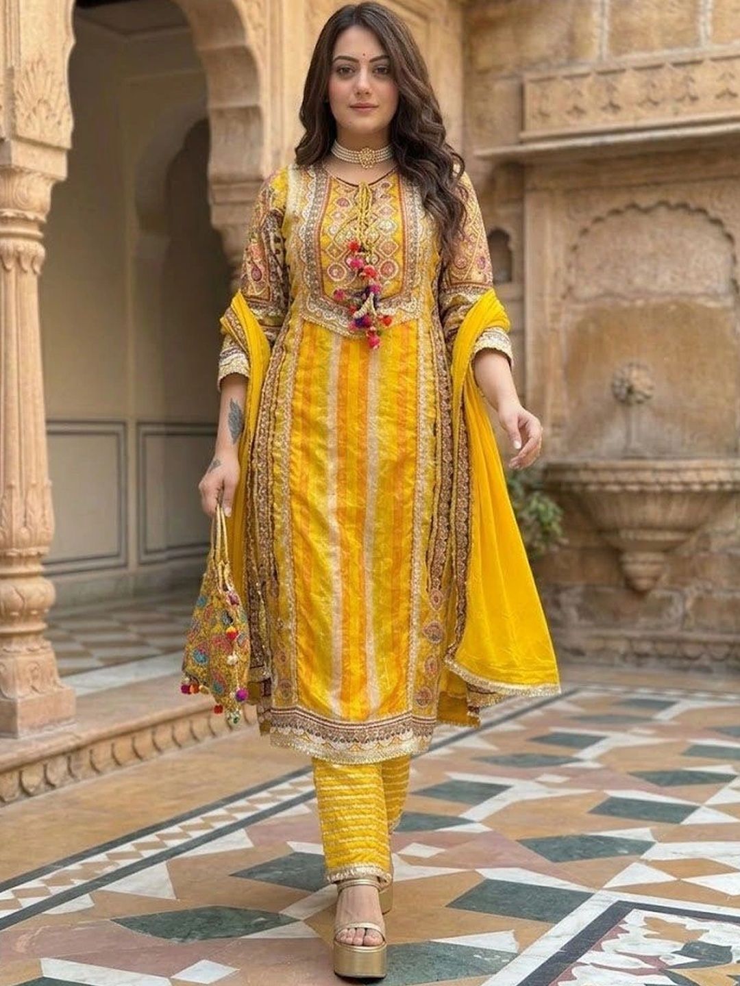 Anouk Women Ethnic Motifs Embroidered Regular Kurta with Trousers & With Dupatta