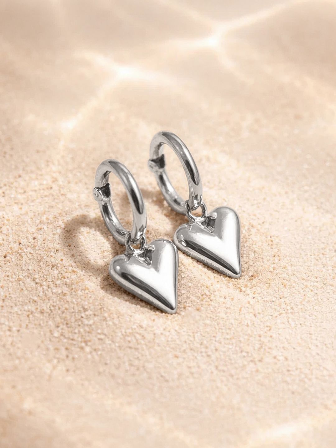 Rubans Demifine Rhodium Plated Stainless Steel Puffy Heart Charm Hoop Drop Earrings